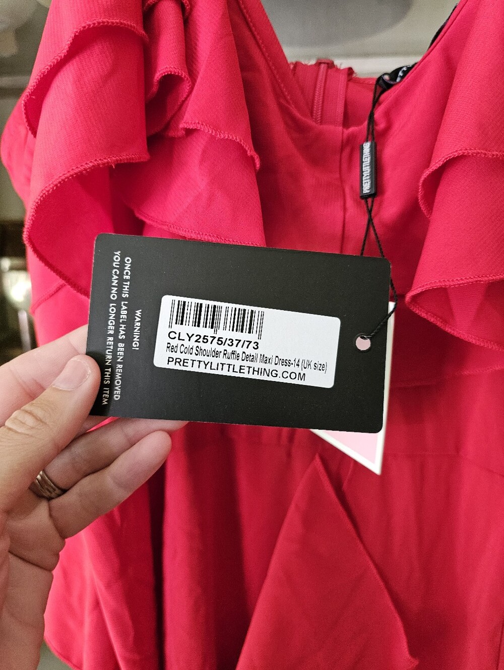 $130 NWT PRETTYLITTLETHING Red Cold Shoulder Ruffle Maxi Dress US 10 - Picture 12 of 13